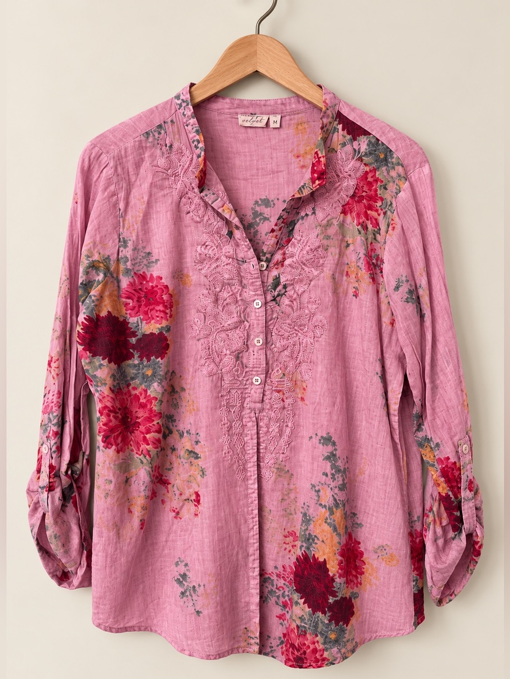 Vintage Goa | Pink Floral Printed Embroidered Button Front Popover Blouse Cotton